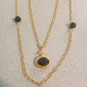 Vintage Gold Tone Chain Necklace W/Chain Link Pendant, Round And Oval Black...